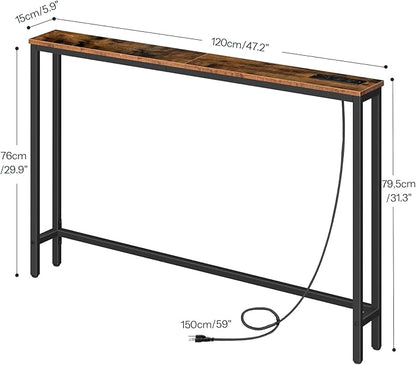 HOOBRO 47.2" Narrow Console Table with Power Outlet, 5.9" Behind Couch Table with Charging Station, Long Sofa Side Table, Skinny Entryway Table for Living Room, Hallway, Foyer, Rustic Brown BF15XG01G1