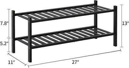 2 Tier Bamboo Shoe Rack for Closet Stackable Wooden Shoe Organizer Free Standing Wood Shoe Shelf for Entryway Small Space, 27" x 11" x 13", Black