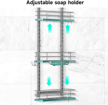 Shower Caddy Hanging (Silver), Adjustable Anti-Swing-Over The Shower Head Caddy, 3 Tier Height Bathroom Storage Organizer, Bathroom Shelves Basket Rack, Shower Caddies Rack with Adjustable Soap Basket