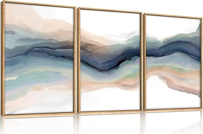 HLNIUC Blue Abstract Wall Art, Watercolor Line 24"x36" Framed Art Set of 3, Modern Wave Canvas Wall Decor, Natural Landscape Paint Stroke Prints for Living Room, Bedroom, Office