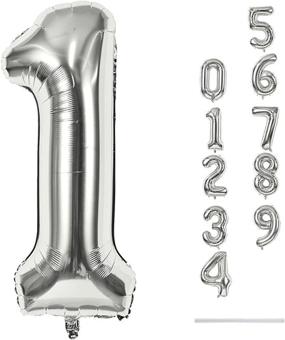 Silver 1 Balloon Number, 40 Inch Giant Helium Foil Number 0-9 for Boys Girls, Self Inflating 1st Birthday Balloon for Women Men 10th Anniversary Baby Shower New Year Wedding Party Decorations Supplies