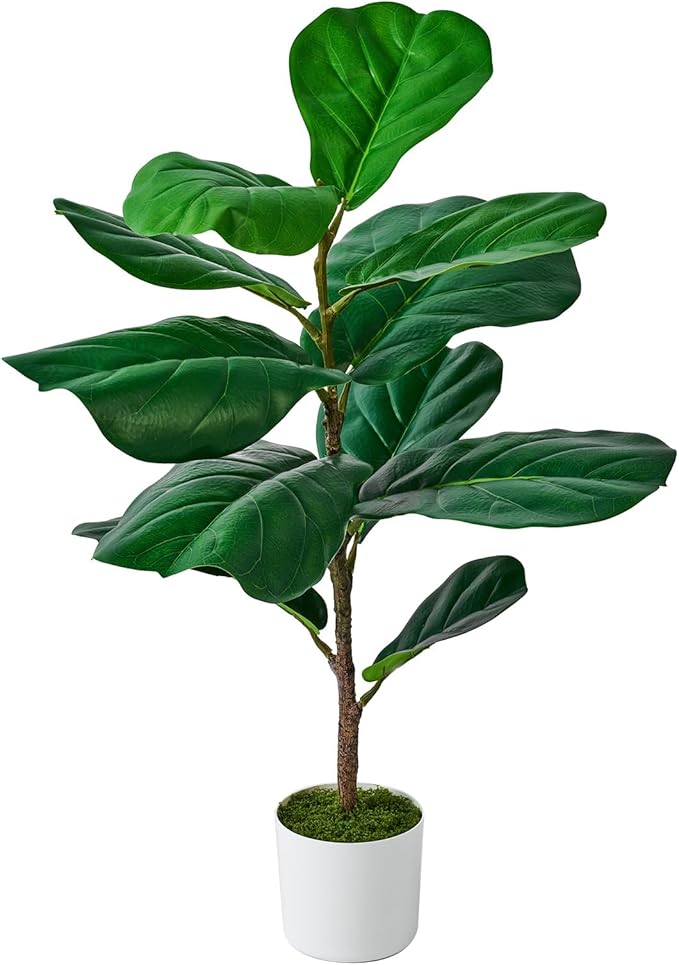 Artificial Mini Fiddle Leaf Fig Tree 31.5 Inch, Fake Plants Indoor Artificial Tree, Faux Fig Trees in White Pot for Housewarming Office Desk Home Green Decor