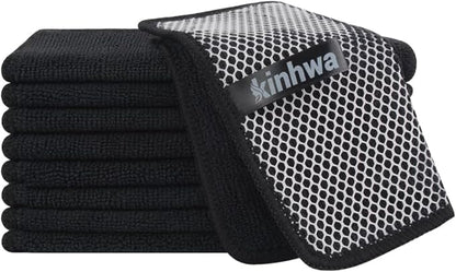 KinHwa Kitchen Washcloths for Dishes Absorbent Microfiber Dish Cloths Quick Dry Dish Rags with Poly Scour Scrub Side Ideal for Kitchen Cleaning (Black, 7inchx7inch 9 Pack)