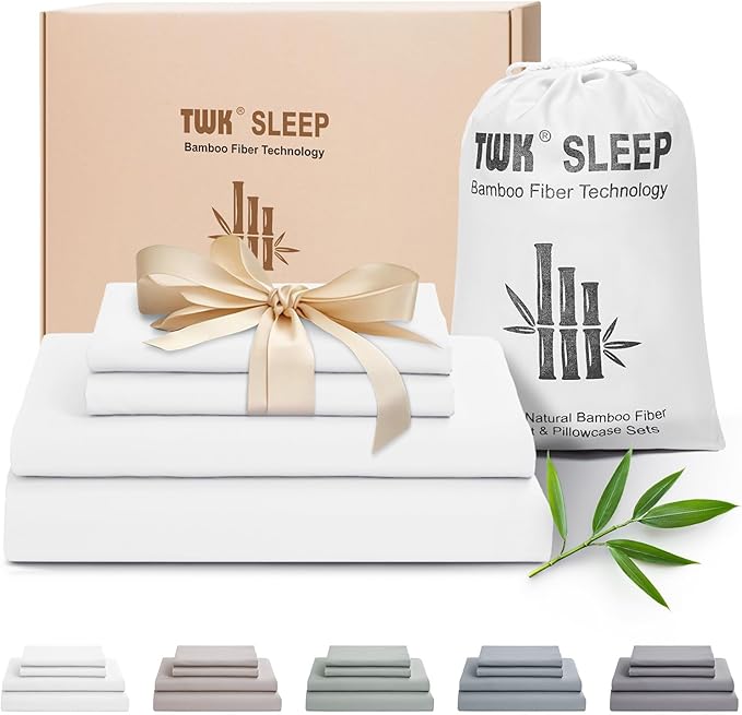 TWK Luxury Sheet Set, Genuine 100% Organic Viscose Derived from Bamboo, Cooling & Breathable, Silky Soft, Bedding Sheets & Pillowcases (White, King(78 * 80 * 15))