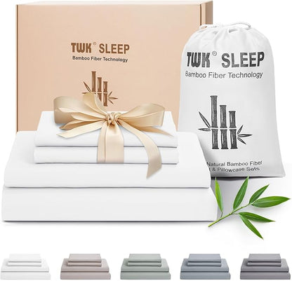 TWK Luxury Sheet Set, Genuine 100% Organic Viscose Derived from Bamboo, Cooling & Breathable, Silky Soft, Bedding Sheets & Pillowcases (White, King(78 * 80 * 15))