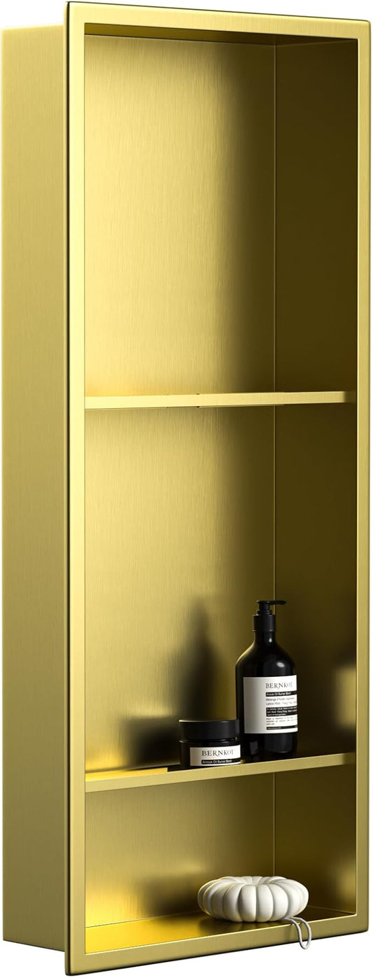 Stainless Steel Shower Niche Gold 30" X 12" with 3-Tiers Shelf No Tile Needed Niche Shower for Bathroom Storage Recessed Wall Shelf Over Mount Installation