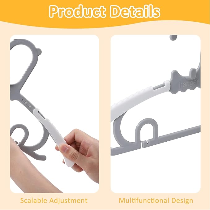 20 Pack Baby Clothes Hangers with 16 Clips, 11-15 inch Adjustable Kid Hanger, Multifunctional Children Hangers for Girl Boy Toddler Kids Child(Grey)