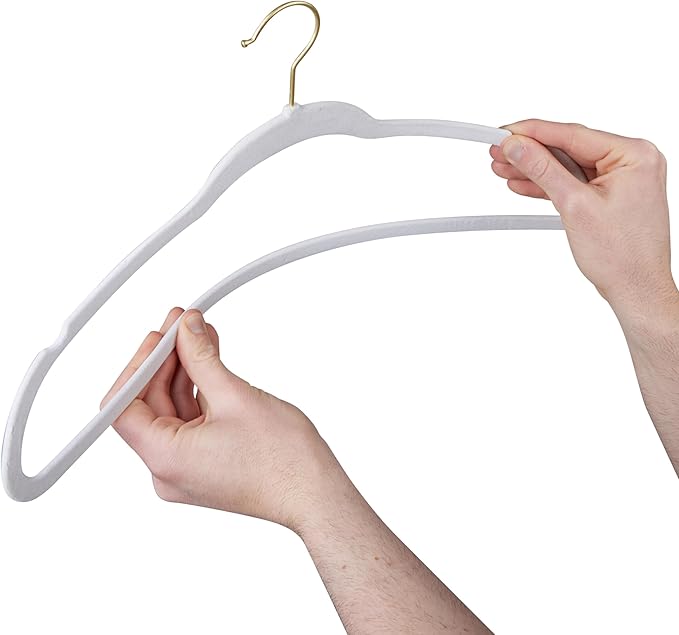 Simplify Slim Velvet Gold Hook Clothes Hangers 25 Pack | Non-Slip | Shirts | Suit | Pants | Dresses | Garments | Closet Storage & Organization | Durable | White