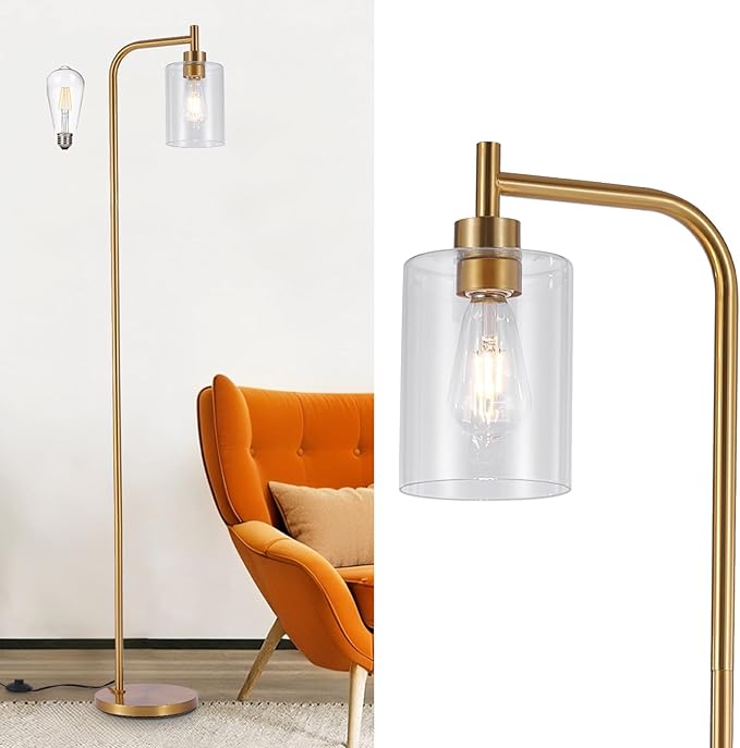 DLLT Floor Lamp Tall for Room: Gold Standing Lamp with Clear Glass Lampshade for Living Room - Modern Bright Lamp for Bedroom - Industrial Corner Floor Lamps for Office 8W Led Bulb Included