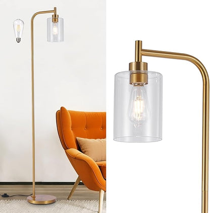 DLLT Floor Lamp Tall for Room: Gold Standing Lamp with Clear Glass Lampshade for Living Room - Modern Bright Lamp for Bedroom - Industrial Corner Floor Lamps for Office 8W Led Bulb Included