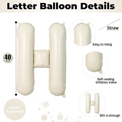 Giant Alphabet H Foil Name Balloons, Cream Ivory White Inflatable Word Balloons H Letters Birthday Decor, 40 Inch Mylar Beige A-Z Custom Letter Balloons for Girls Baby Shower Party Decoration Supplies