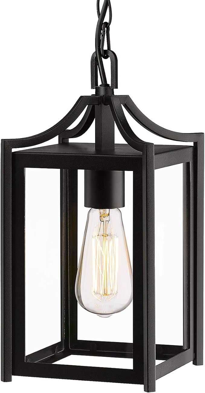 Outdoor Pendant Light, 14" Large Modern Hanging Porch Light with Adjustable Chain, Black Exterior Outdoor Hanging Lantern with Clear Glass for Porch Foyer Gazebo, 2439/1H