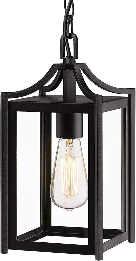 Outdoor Pendant Light, 14" Large Modern Hanging Porch Light with Adjustable Chain, Black Exterior Outdoor Hanging Lantern with Clear Glass for Porch Foyer Gazebo, 2439/1H