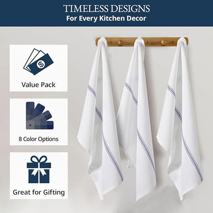 LANE LINEN Kitchen Towel Set- 12 Pack 14"x25" Dishtowels for Kitchen, Absorbent 100% Cotton Dish Drying Towels, Cleaning Cloth for Countertops, Soft & Durable, Machine Washable - Blue Stripe