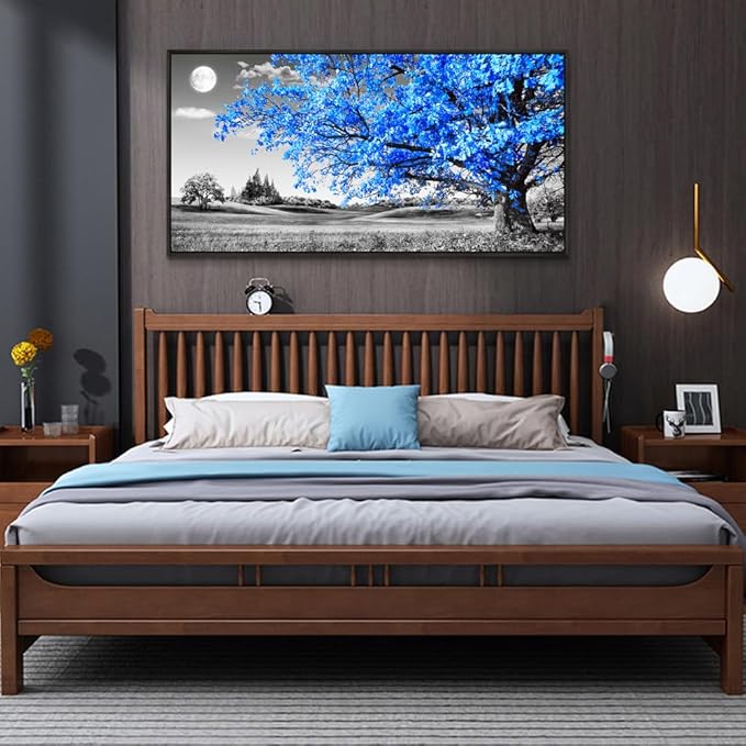 Wapluam Black and White Wall Art For Living Room Large Wall Decoration For Bedroom Blue Tree Landscape Abstract Painting Office Wall Decor Picture Canvas Prints Modern Home Wall Decor Black Framed