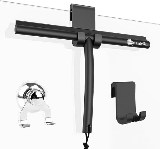 Shower Squeegee with Hook & Sucker - Stainless Steel Core | Silicone Rubber Glass Wiper for Shower Doors, Windows, Mirrors & Car Glass - Black