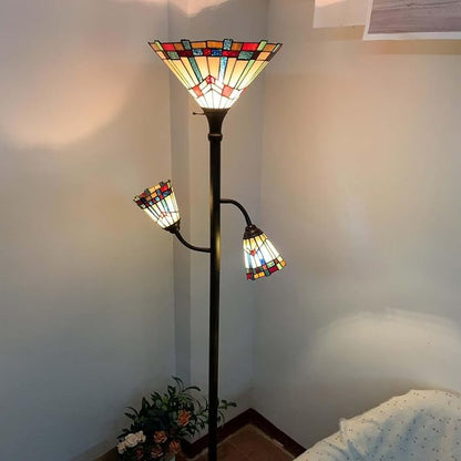 Bieye L10812 Mission Tiffany Style Stained Glass Floor Lamp for Reading Working Decorating, 3-Lights, 70 inches Tall