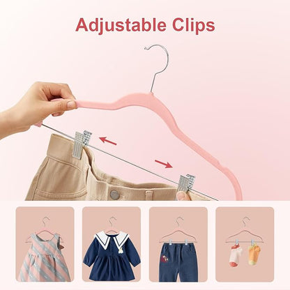 Baby Clothes Hangers with Clips, 14 Packs Kids Velvet Clothes Hangers, Heavy-Duty Childrens Hangers, Storage Organizer Clothing Hangers for Shirts, Pants, Skirts, Dresses, Jackets, Coat Pink