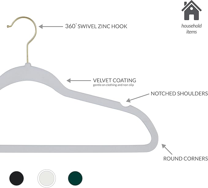 Simplify Slim Velvet Gold Hook Clothes Hangers 25 Pack | Non-Slip | Shirts | Suit | Pants | Dresses | Garments | Closet Storage & Organization | Durable | White