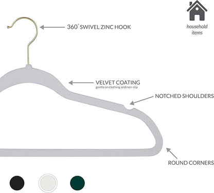 Simplify Slim Velvet Gold Hook Clothes Hangers 25 Pack | Non-Slip | Shirts | Suit | Pants | Dresses | Garments | Closet Storage & Organization | Durable | White