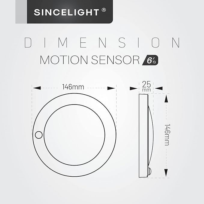 SINCELIGHT PIR Motion Sensor 7W LED Ceiling Light (Φ6''/146mm), Automatically ON/Off, Movement Activated, Warm White 2700K, Surface/Flush Mount for Closet,Cabinet,Hallway, Damp Use, Pack of 1