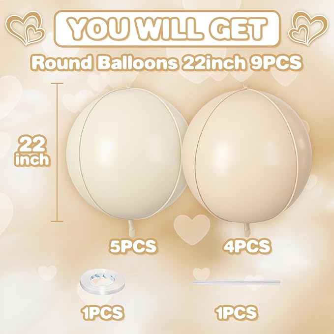 Cream Beige Round Foil Balloons 9 pcs,Metallic Giant 4D Round Balloons 22 Inch for Boho Party Girls Women Birthdays Wedding Bridal Baby Shower Party Decor