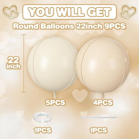 Cream Beige Round Foil Balloons 9 pcs,Metallic Giant 4D Round Balloons 22 Inch for Boho Party Girls Women Birthdays Wedding Bridal Baby Shower Party Decor