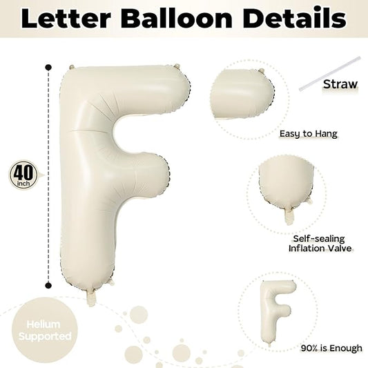 F Letter Balloons Cream, 40 Inch Alphabet Foil Word, Large Mylar Inflatable Beige Name, Big Helium Custom White for Women Birthday Party Decoration Supplies