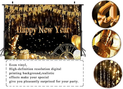 LTLYH 7x5ft Happy New Year Backdrop Gold Glitter Party Decoration 2026 New Year Eve Photography Background Black and Gold Celebration Banner for Party Supplies