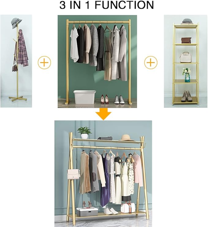 Clothes rack Gold, Freestanding Industrial Garment Rack with Double shelves Multi-functional Bedroom Hanging Clothing Rack,Heavy Duty Movable Coat Rack for Organizing Clothes and Shoes (59'' L)