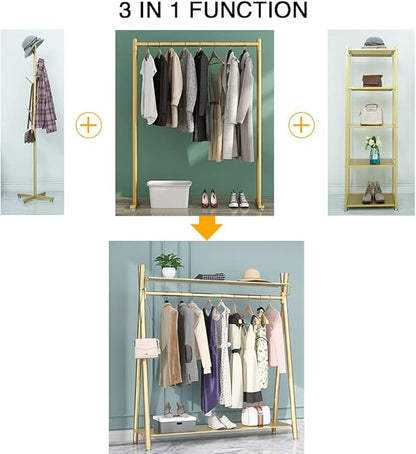 Clothes rack Gold, Freestanding Industrial Garment Rack with Double shelves Multi-functional Bedroom Hanging Clothing Rack,Heavy Duty Movable Coat Rack for Organizing Clothes and Shoes (59'' L)