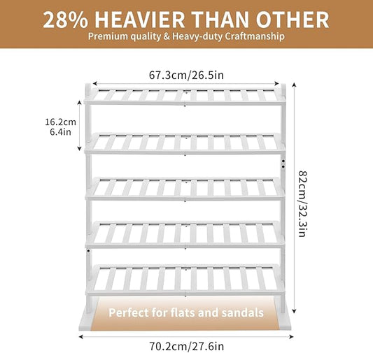 Varhomax White Shoe Rack, 5-Tier Bamboo Shoe Rack Organizer for Closet and Entryway, Thick Wooden Free Standing Shoe Shelf for Small Spaces, Sturdy & Versatile for Bedroom and Garage