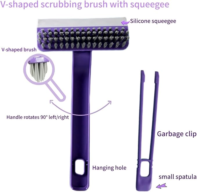 Multi-Purpose Cleaning Brush Stiff-Bristle Kitchen Cleaning Brush with Squeegee, Debris Picker and Scraper, Suitable for Bathroom, Floor and Window, Sink, Bathtub and Tile Grout Cleaning Tools