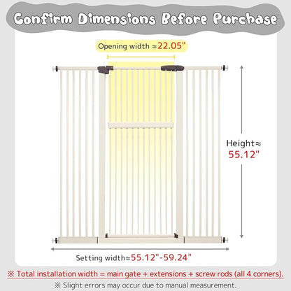 Lumizone Extra Tall Pet Gate 55.12" High Pressure Mounted 55.12"-59.24" Extra Wide (9 Sizes) 1.37" Gap for Cat Dog Stairs Doorway Hallway No Drilling Auto-Close (55.12"-59.24" W, Cream White)