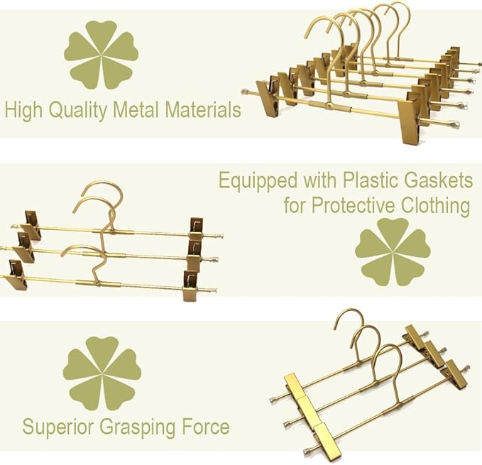 Pants Hangers Gold Aluminum Skirt Hanger 2-Adjustable Clips Heavy Duty Clothes Hangers Space Saving Durable Hanger 11.8" Closet Organizer for Pant,Pack of 10