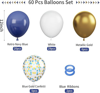 Navy Blue and Gold Balloons, 60Pcs Night Blue Gold Balloons, 12 Inch Metallic Gold Blue Confetti Balloons White Latex Balloons for Boys Birthday Baby Shower Wedding Graduation Party Decorations