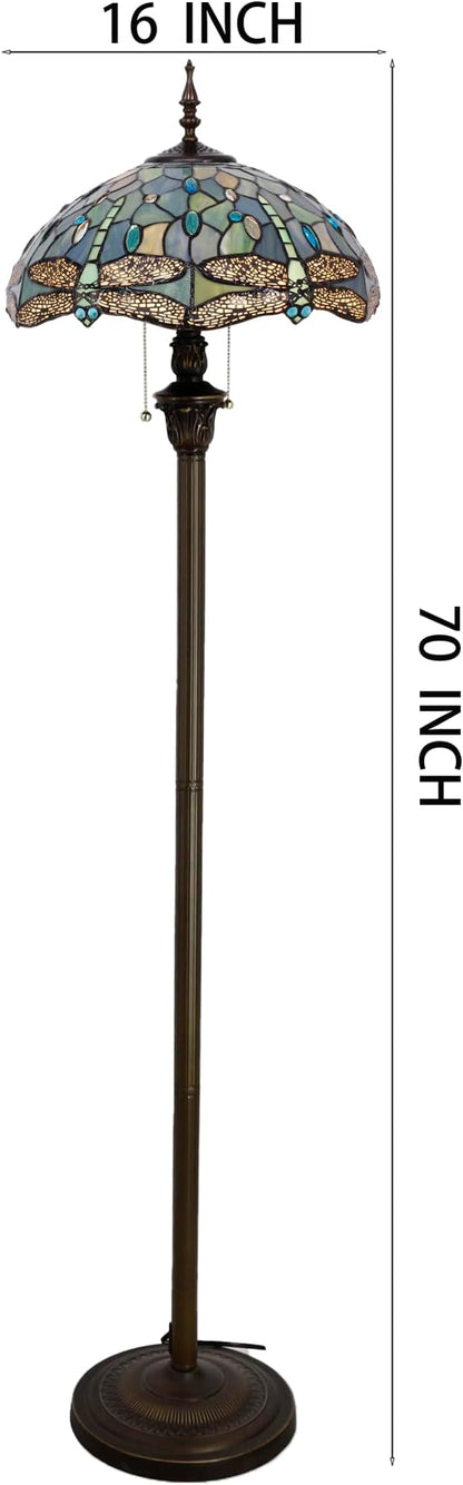 Tiffany Floor Lamp Sea Blue Stained Glass Dragonfly Style 16X16X70 Inch Antique Standing Reading Light