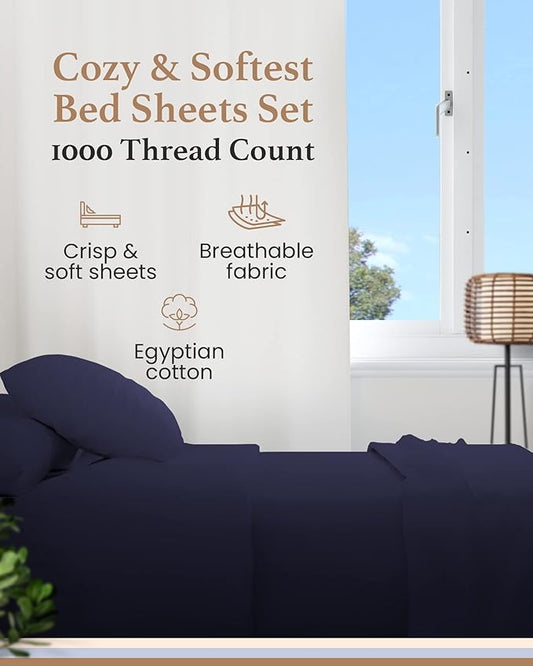 Good Sleep Bedding Split King Cotton Sheets Set for Adjustable Bed - Luxury 1000 TC Egyptian Cotton, 5 Piece, Sateen, 2 Fitted with 16" Deep Pocket, Navy Blue
