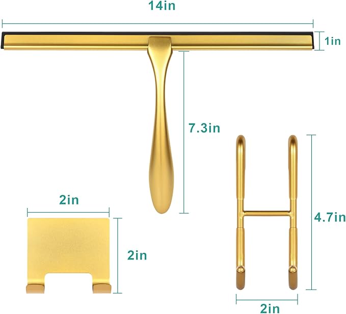 Shower Squeegee for Glass Doors,14-Inch Shower Glass Squeegee, Gold Shower Squeegee for Shower Doors,Mirror,Windows, with Shower Door Hook and Adhesive Hook