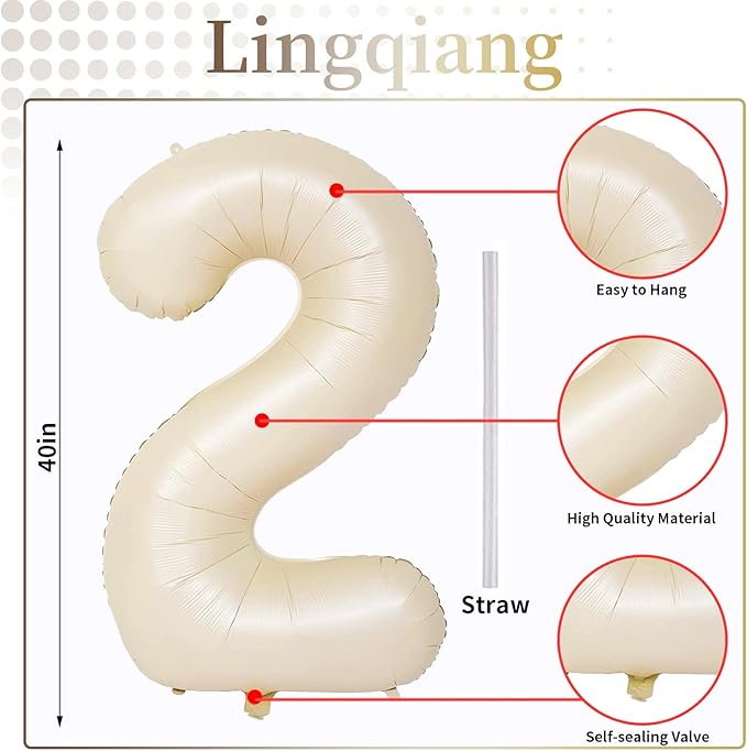 Cream 2 Balloons, 40 Inch Giant Helium Foil Number 0-9 Beige 2th Birthday Balloon for Boys Girls, Self Inflating White Sand Digit 2 Balloons for Women Men Anniversary Party Decorations Supplies