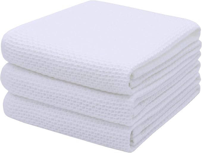 Mia'sDream Cotton Kitchen Towels and Dish Cloths Sets, Waffle Weave Dish Towels for Kitchen Drying Dishes, Soft and Absorbent Kitchen Hand Towels Washcloths, 13inch x 28inch 3 Pack (White)