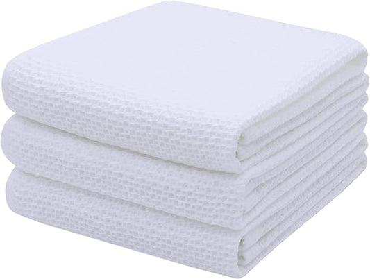 Mia'sDream Cotton Kitchen Towels and Dish Cloths Sets, Waffle Weave Dish Towels for Kitchen Drying Dishes, Soft and Absorbent Kitchen Hand Towels Washcloths, 13inch x 28inch 3 Pack (White)