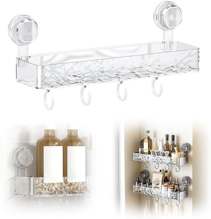 Corrugated Suction Cup Storage Holder, 2026 New Movable Shower Shelf Suction Cup,Shower Caddy Large Capacity Bathroom Organizer,No-Drill Wall-Mounted Storage Shelf (Clear)