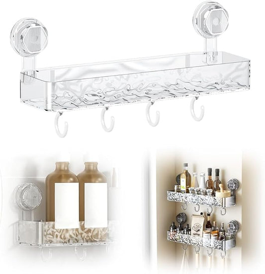 Corrugated Suction Cup Storage Holder, 2026 New Movable Shower Shelf Suction Cup,Shower Caddy Large Capacity Bathroom Organizer,No-Drill Wall-Mounted Storage Shelf (Clear)