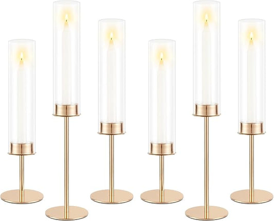 Gold Candle Holders Set of 6 for Glass Taper Candle Holders,Hurricane Candlestick Holder for Home Decor, Wedding, Dinning, Party Decorative, Anniversary (6,Gold)
