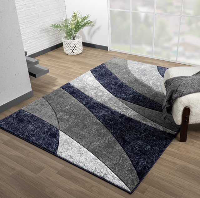 Ultra Soft Area Rug - Modern Abstract Design for Living Room & Bedroom - Foldable, Stain Resistant, Easy to Clean - (8x11, Blue)