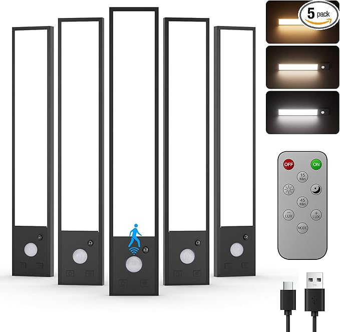 5 Pack Under Cabinet Lighting Wireless, 8" Magnetic Dimmable Under Counter Lights for Kitchen,Motion Activated Under Cabinet Lights,3 Color Dimmable Under Cabinet Lighting, Closet Light with Remote