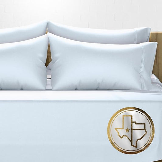 TEXAS LINEN CO. 100% Egyptian Cotton Bed Sheets Queen Size Set - 6 PC 1000 High Thread Count Egyptian Cotton Queen Size Sheets Deep Pocket 16" (Light Blue), Soft Cooling Luxury Hotel Sateen Bedsheets