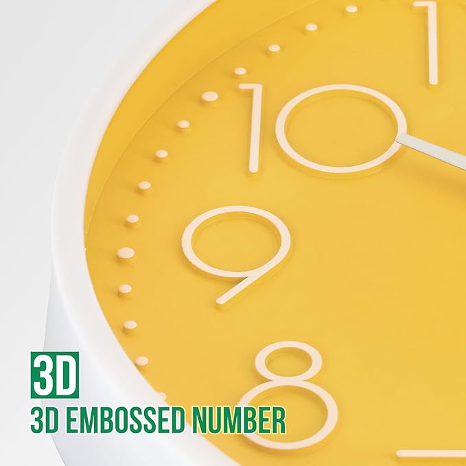 Wall Clock 10 Inch Non-Ticking Silent Modern Simple Style Round Decor Clock Yellow Stereoscopic Dial Quartz Wall Clocks for Home/Office/School/Living Room/Bedroom/Kitchen