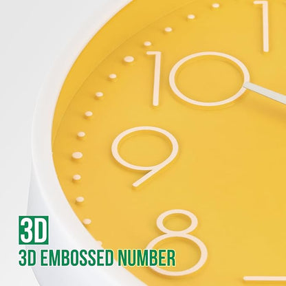 Wall Clock 10 Inch Non-Ticking Silent Modern Simple Style Round Decor Clock Yellow Stereoscopic Dial Quartz Wall Clocks for Home/Office/School/Living Room/Bedroom/Kitchen